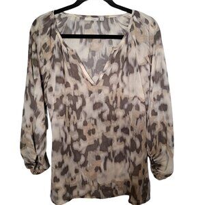 Halogen Cream & Gray Tie Front Split Neck Watercolor Printed Blouse Size…